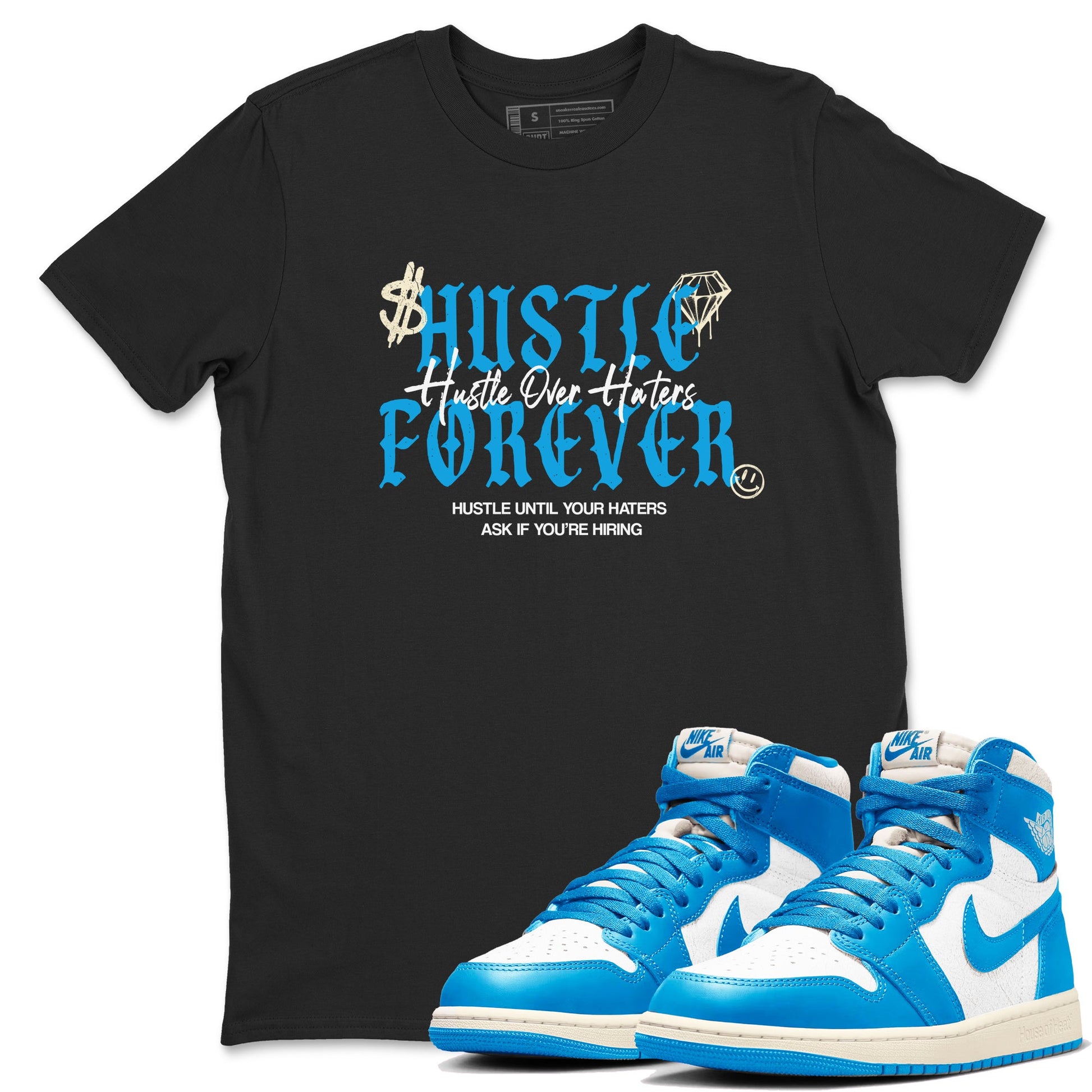 Hustle Over Haters sneaker match t-shirt styled to complete your fit with the Air Jordan 1 UNC Reimagined sneakers, shown in Black 1.