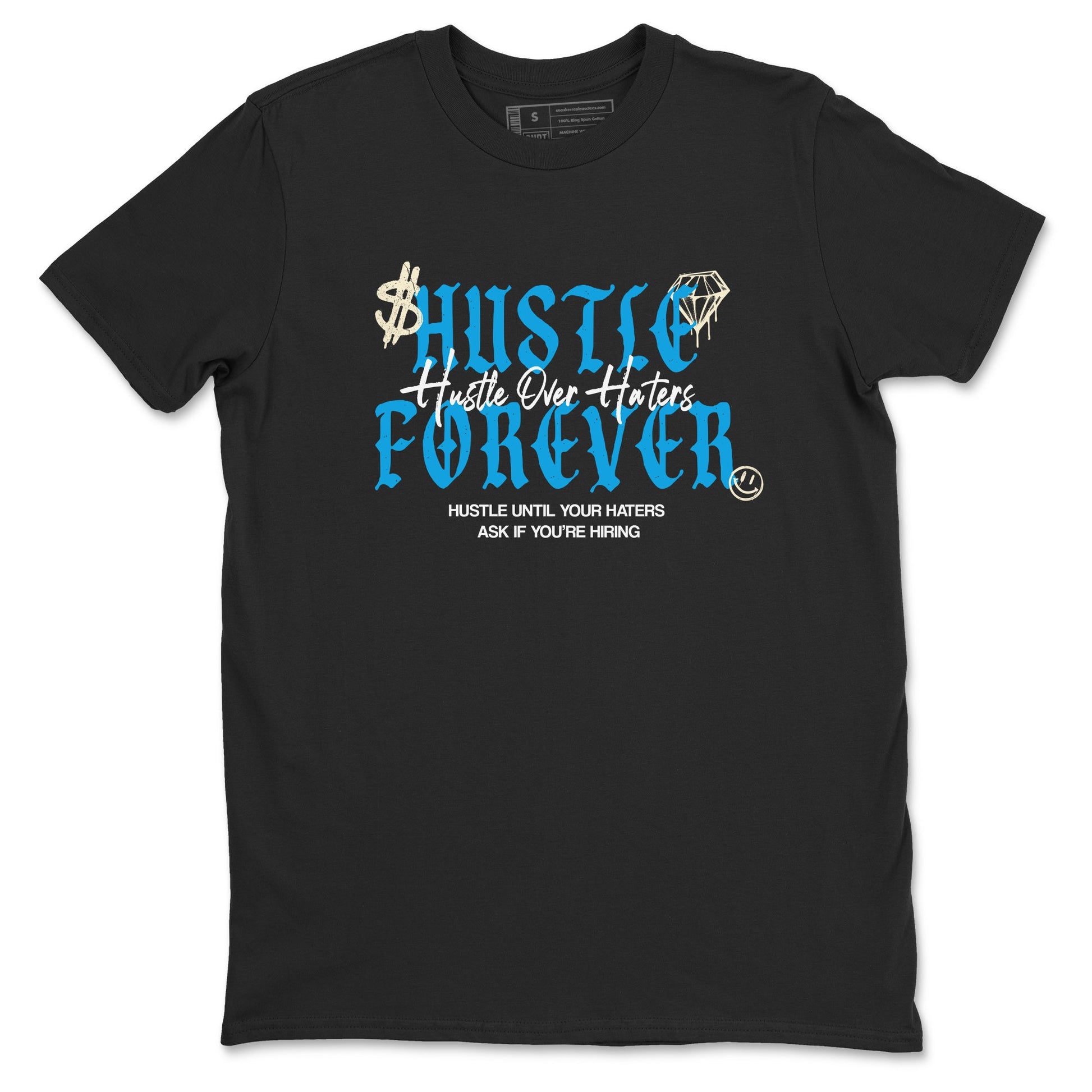 Hustle Over Haters sneaker match t-shirt styled to complete your fit with the Air Jordan 1 UNC Reimagined sneakers, shown in Black 2.