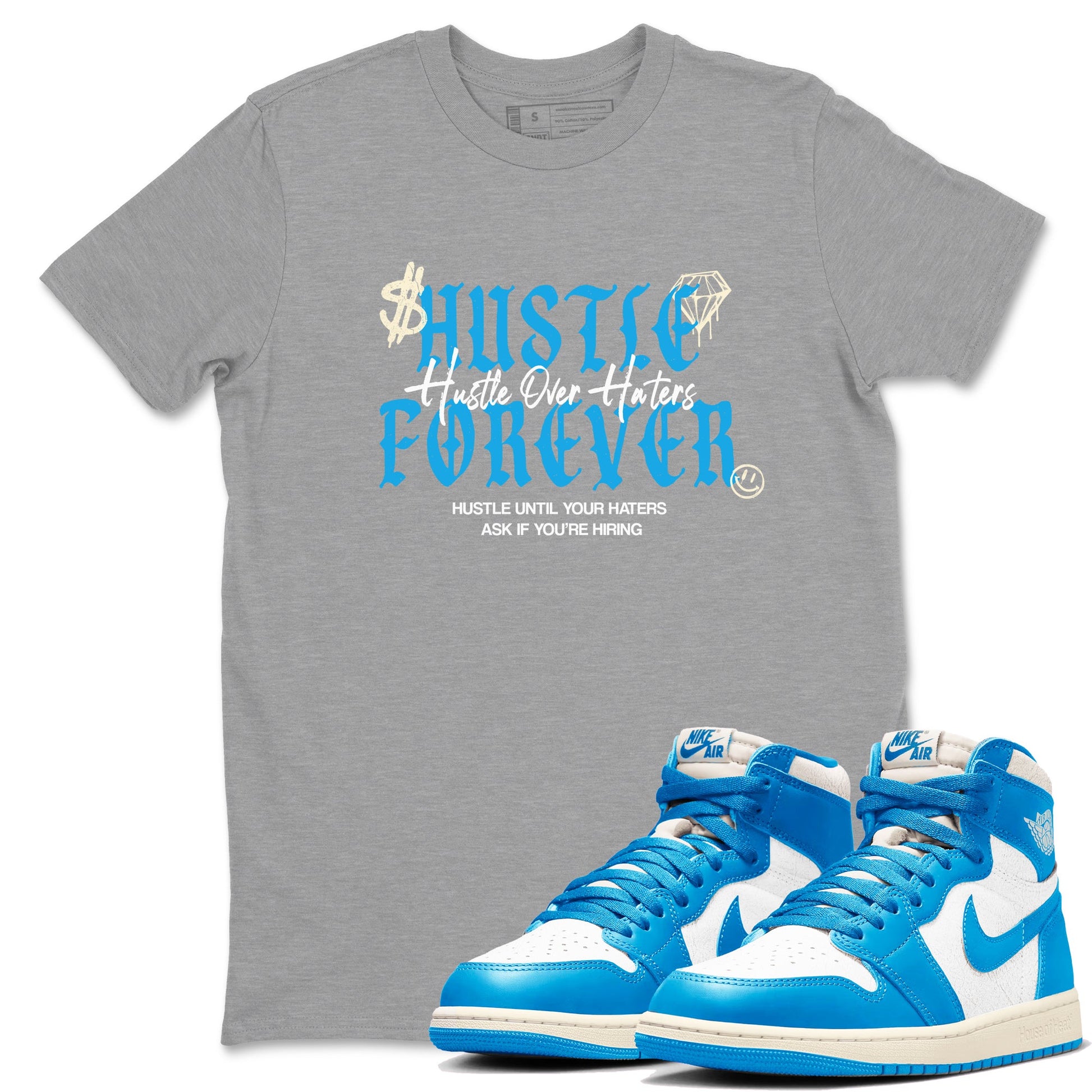 Hustle Over Haters sneaker match t-shirt styled to complete your fit with the Air Jordan 1 UNC Reimagined sneakers, shown in Heather Grey 1.
