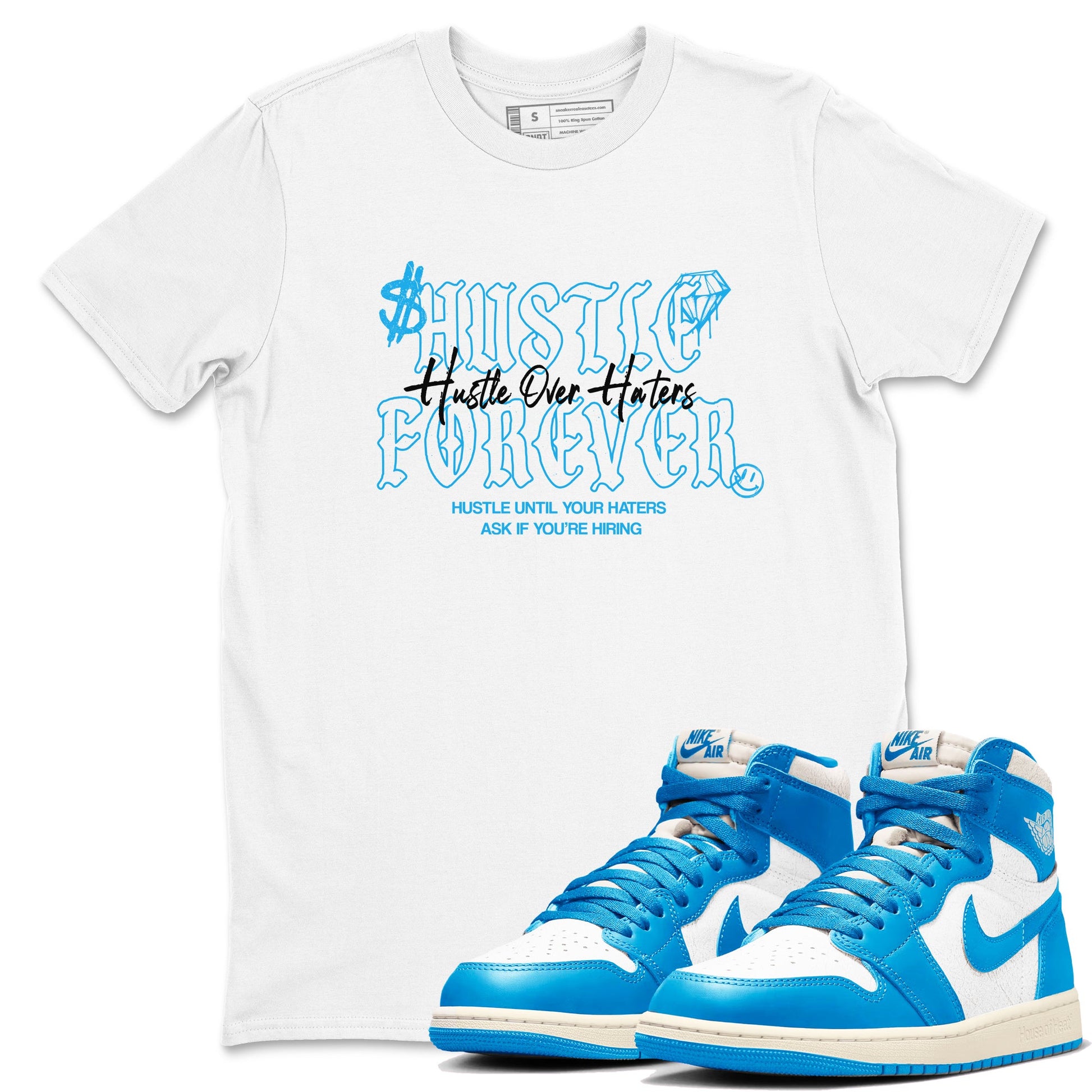 Hustle Over Haters sneaker match t-shirt styled to complete your fit with the Air Jordan 1 UNC Reimagined sneakers, shown in White 1.