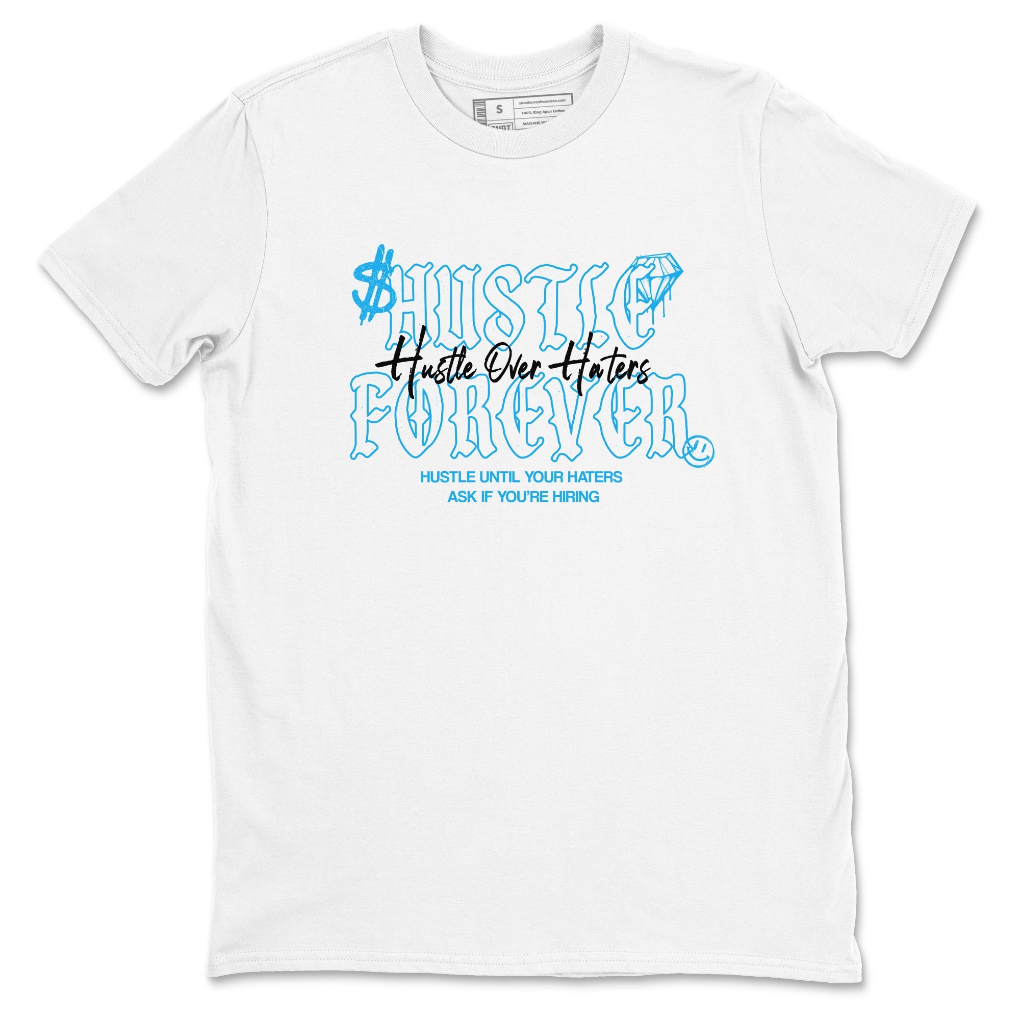 Hustle Over Haters sneaker match t-shirt styled to complete your fit with the Air Jordan 1 UNC Reimagined sneakers, shown in White 2.