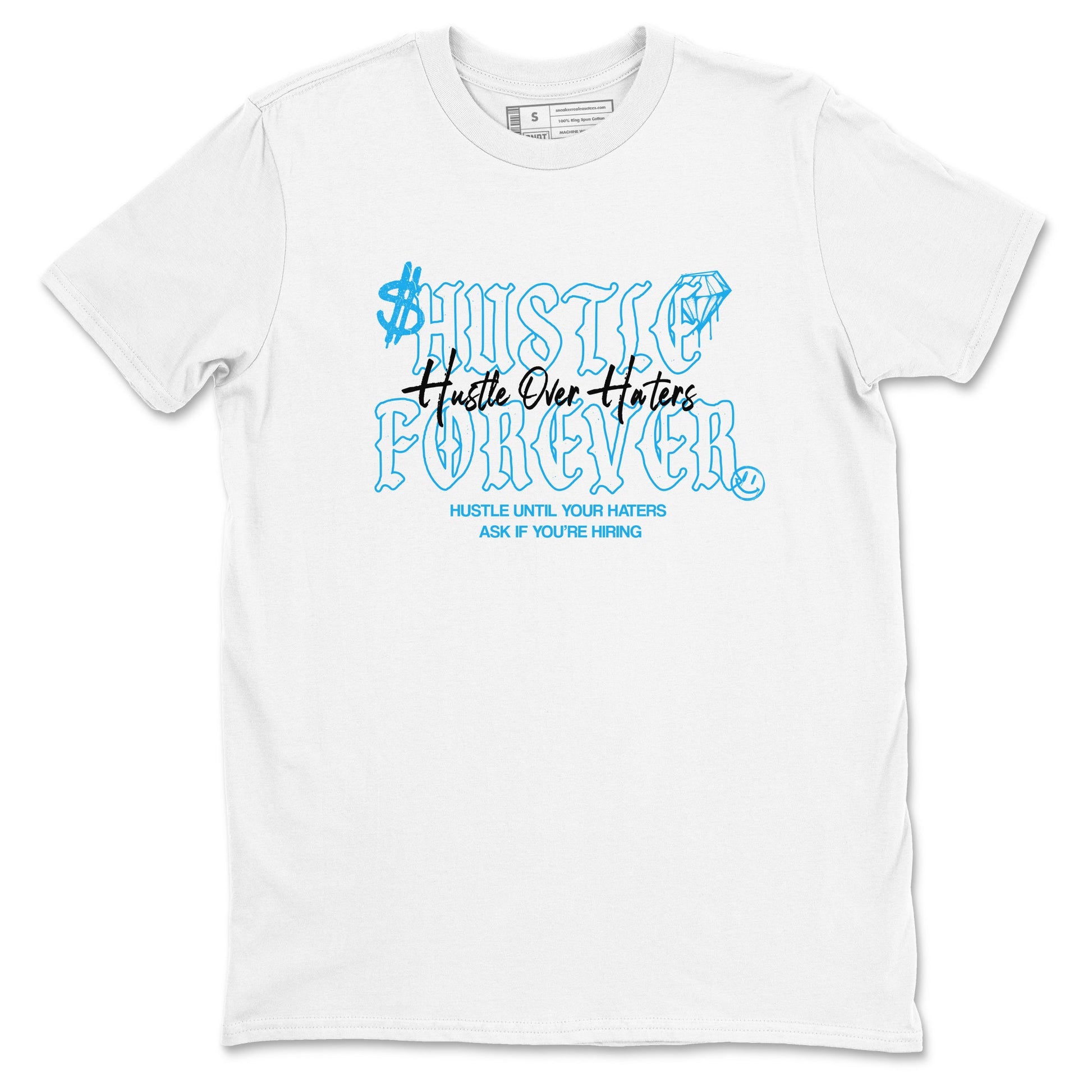 Hustle Over Haters sneaker match t-shirt styled to complete your fit with the Air Jordan 1 UNC Reimagined sneakers, shown in White 2.
