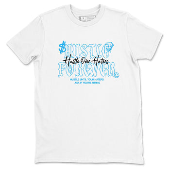 Hustle Over Haters sneaker match t-shirt styled to complete your fit with the Air Jordan 1 UNC Reimagined sneakers, shown in White 2.