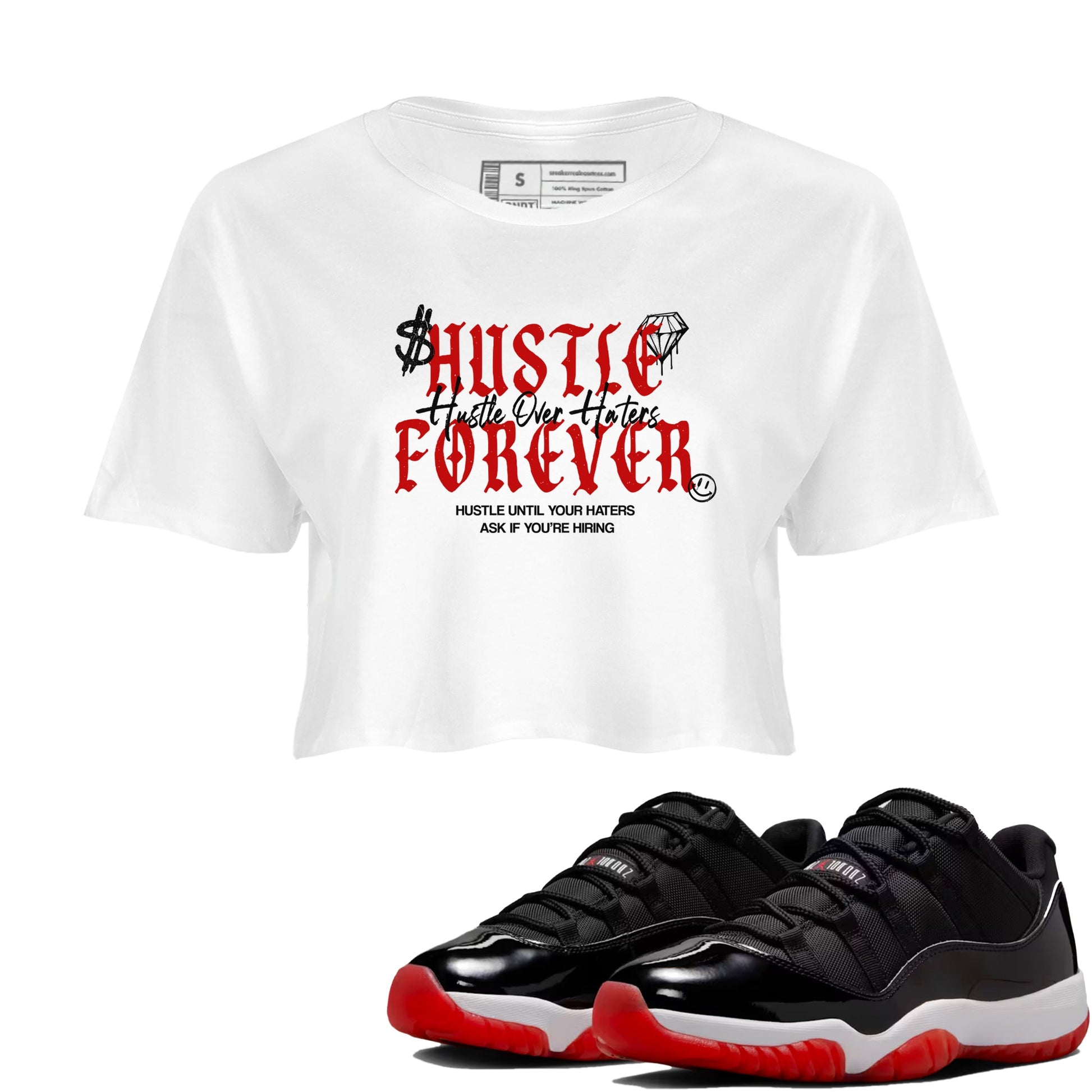 11s Bred shirts to match jordans Hustle Over Haters sneaker match tees Air Jordan 11 Retro Bred match shoes to clothes SNRT Sneaker Tees unisex cotton White 1 crop tee