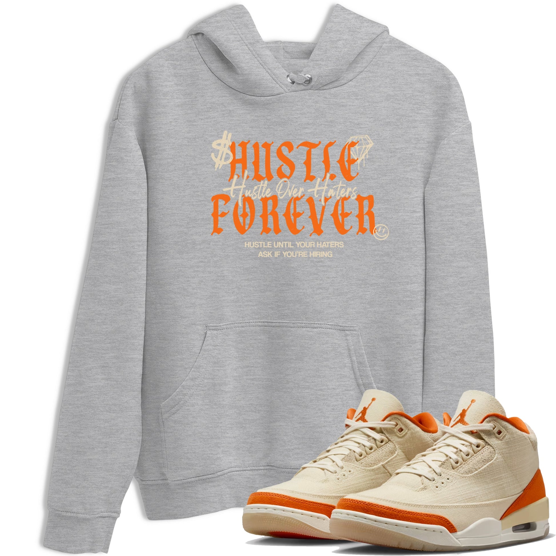 Hustle Over Haters sneaker match t-shirt styled to complete your fit with the Air Jordan 3 Starfish sneakers, shown in Heather Grey 1.
