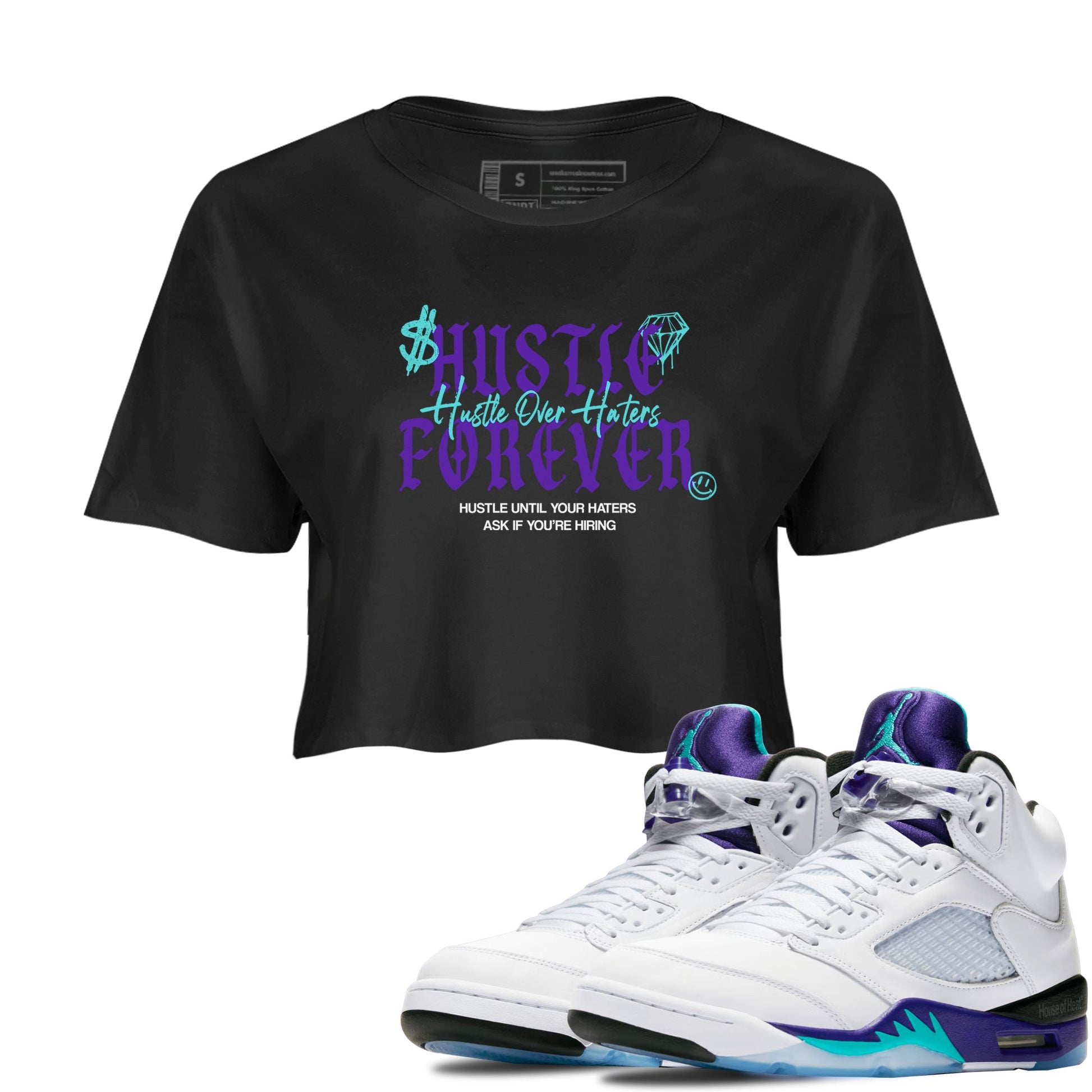 Hustle Over Haters womens crop tee made to vibe with the Air Jordan 5 Grape sneakers — the perfect match in Black 1.