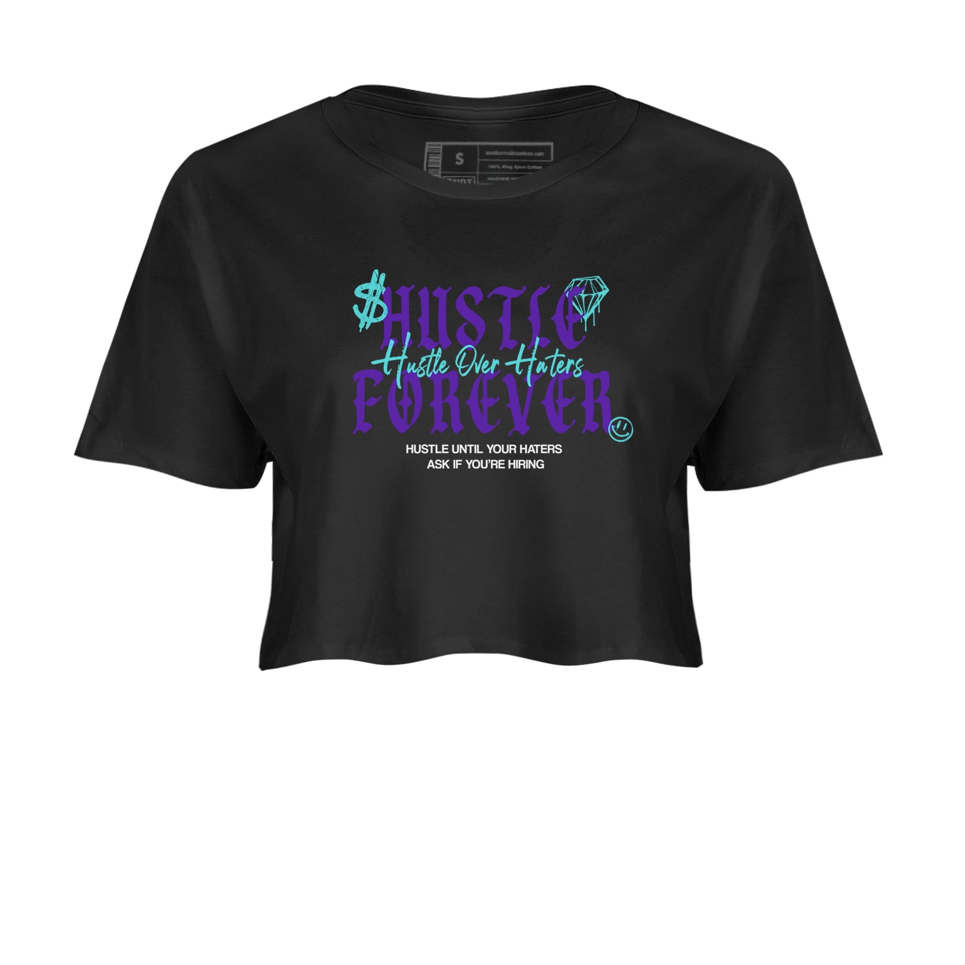 Hustle Over Haters womens crop tee made to vibe with the Air Jordan 5 Grape sneakers — the perfect match in Black 2.