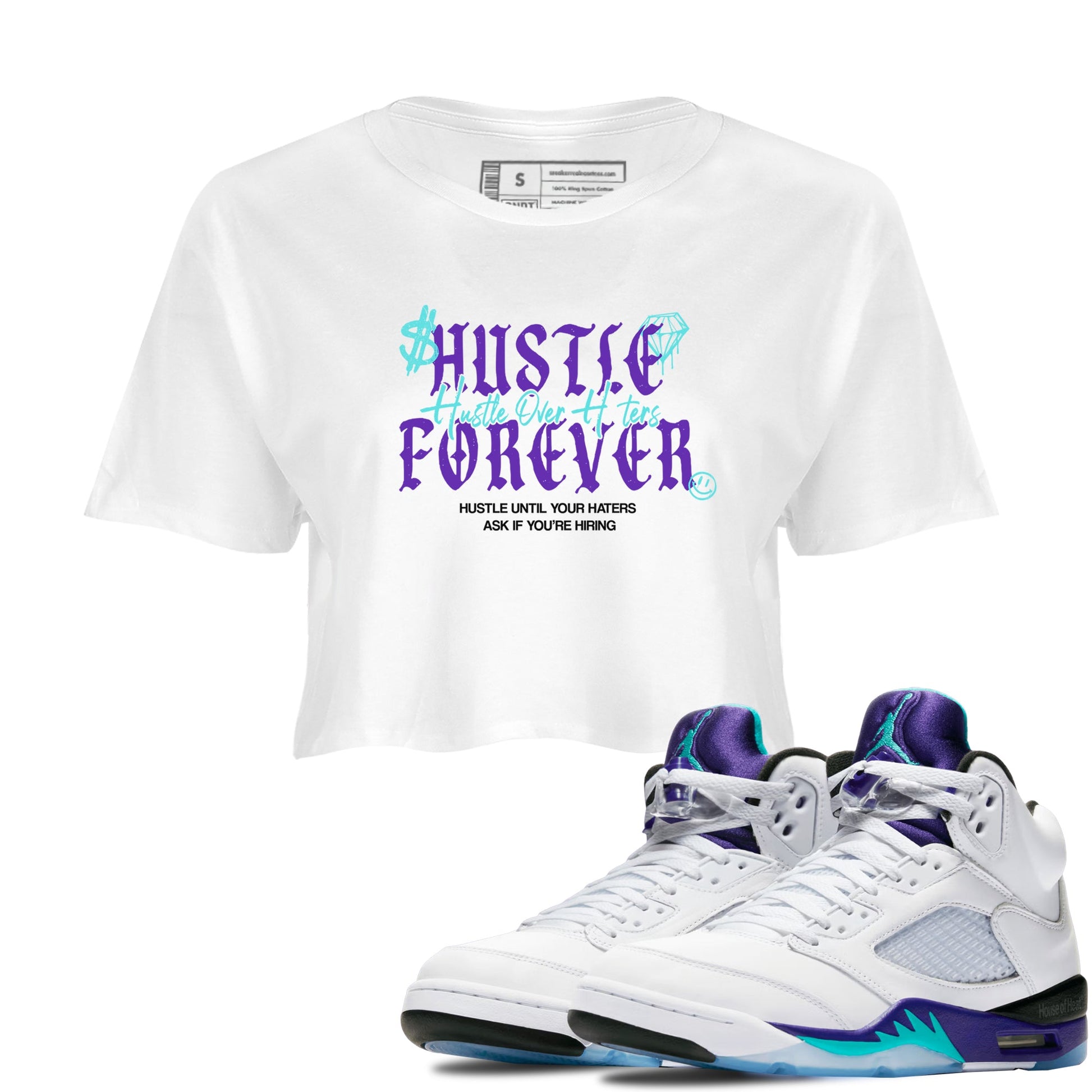 Hustle Over Haters womens crop tee made to vibe with the Air Jordan 5 Grape sneakers — the perfect match in White 1.