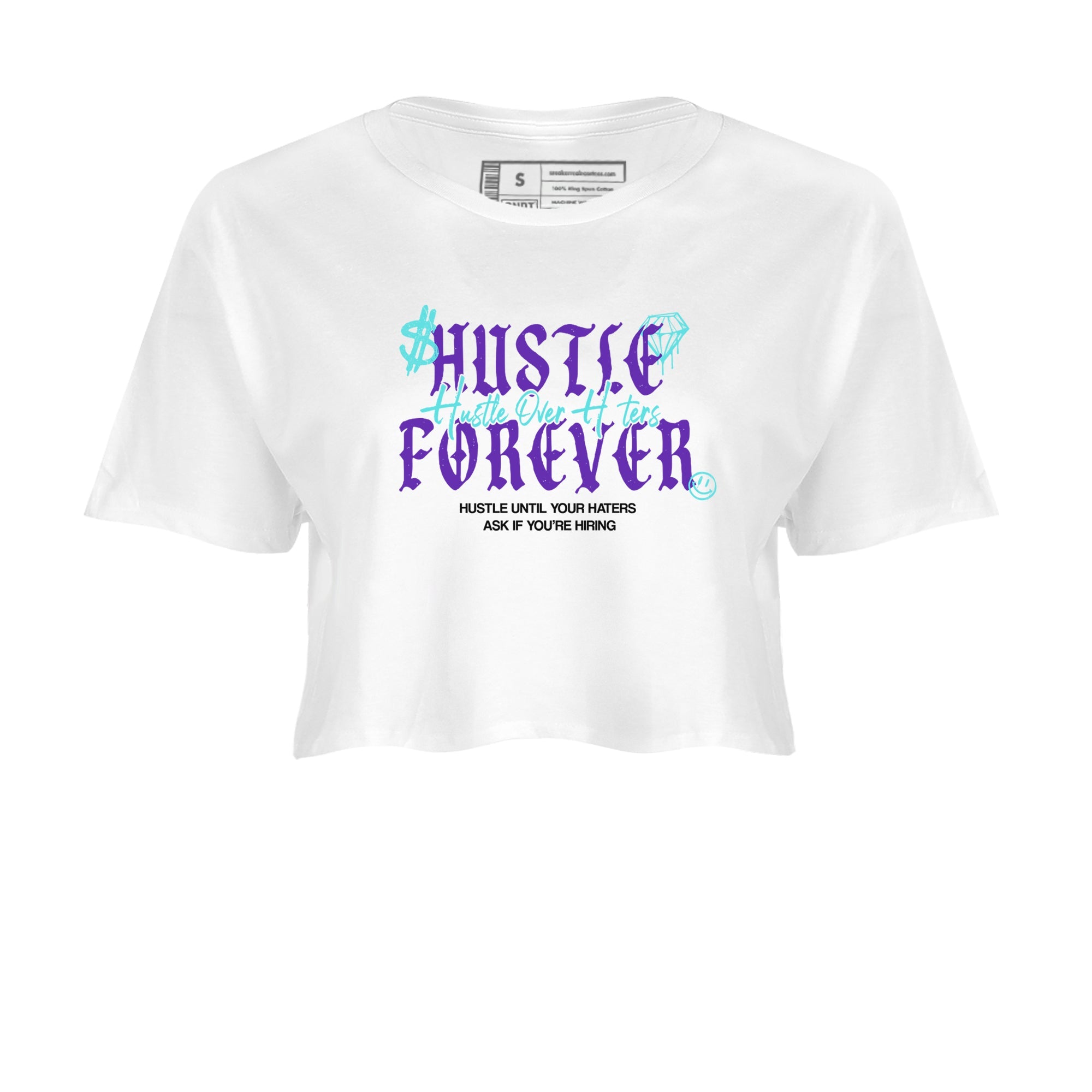 Hustle Over Haters womens crop tee made to vibe with the Air Jordan 5 Grape sneakers — the perfect match in White 2.