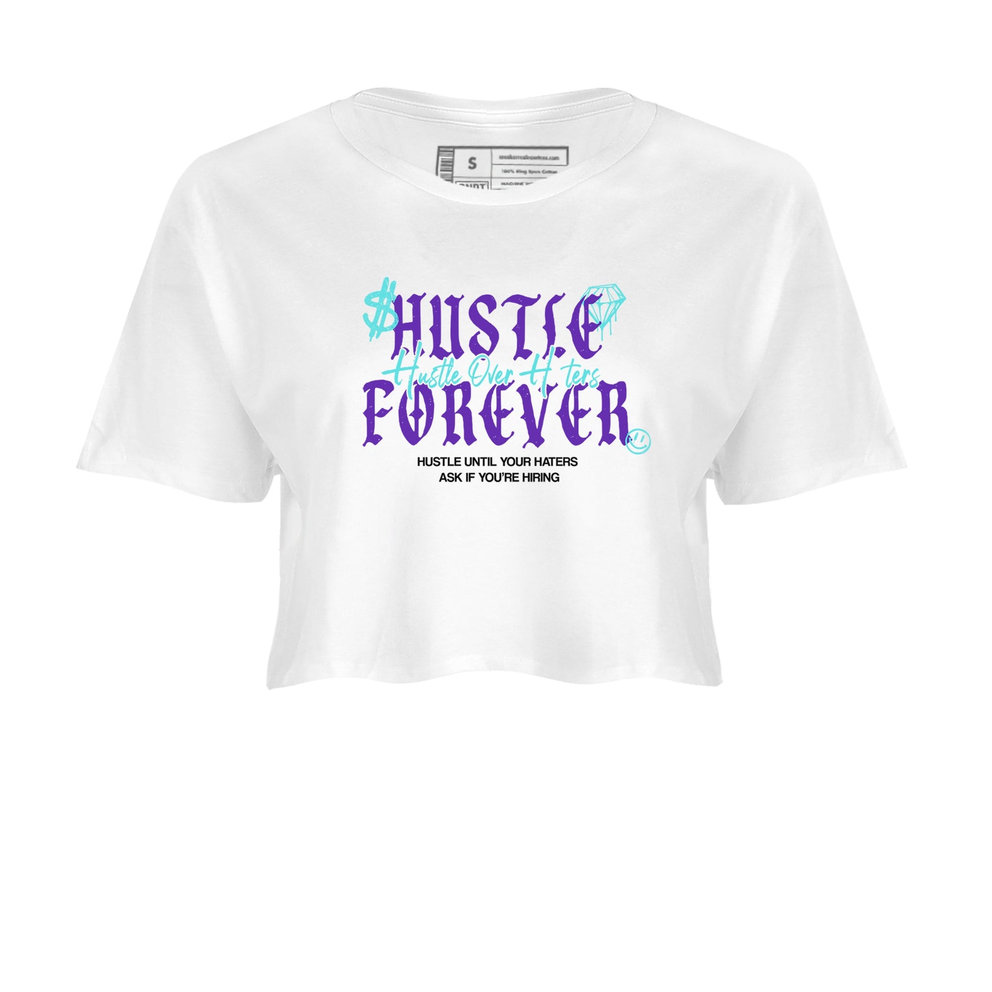 Hustle Over Haters womens crop tee made to vibe with the Air Jordan 5 Grape sneakers — the perfect match in White 2.
