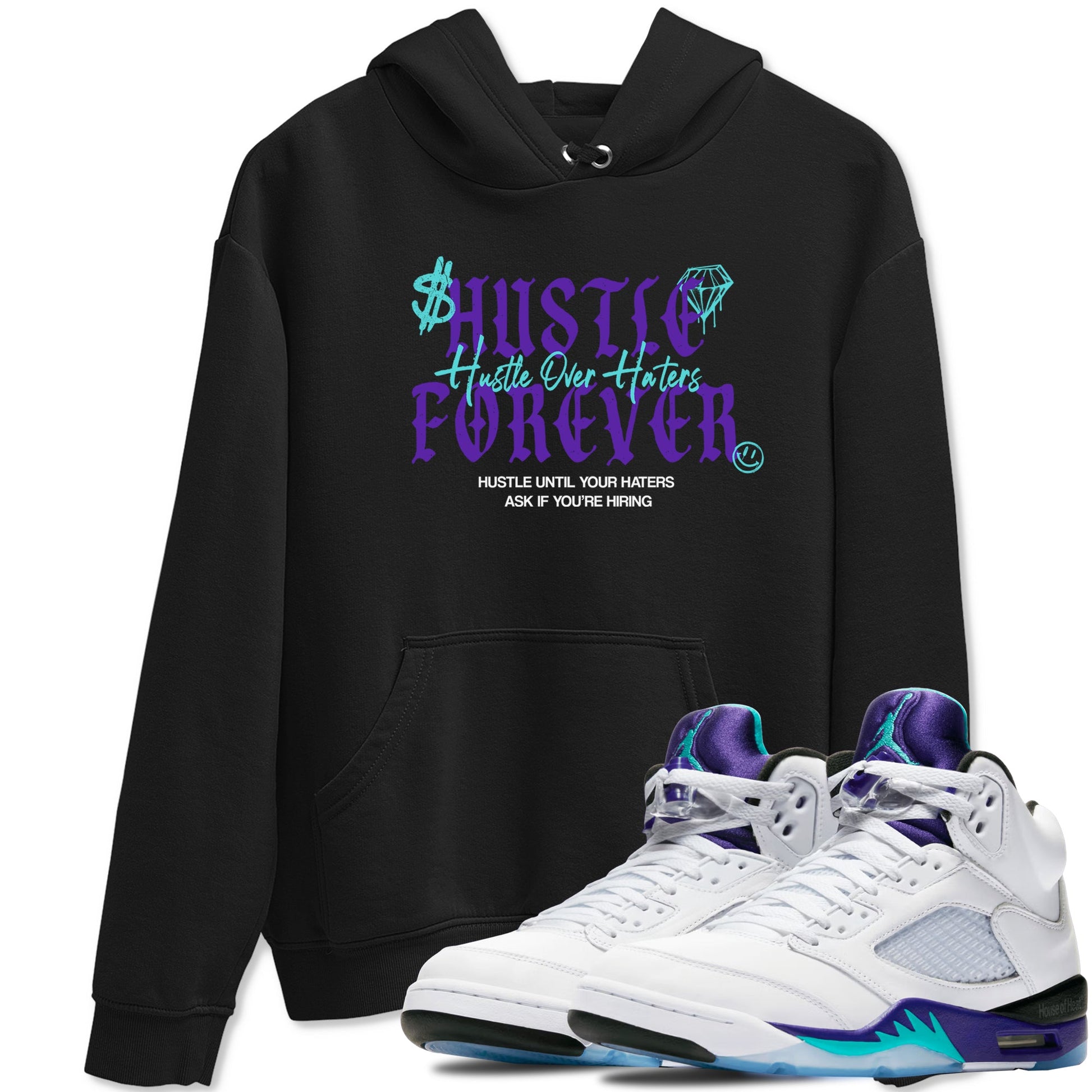 Hustle Over Haters sneaker match t-shirt styled to complete your fit with the Air Jordan 5 Grape sneakers, shown in Black 1.