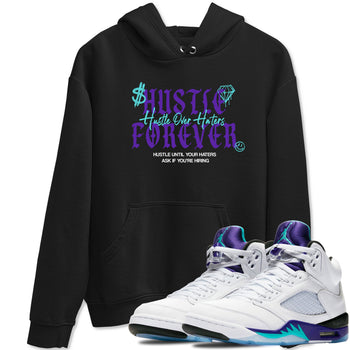 Hustle Over Haters sneaker match t-shirt styled to complete your fit with the Air Jordan 5 Grape sneakers, shown in Black 1.