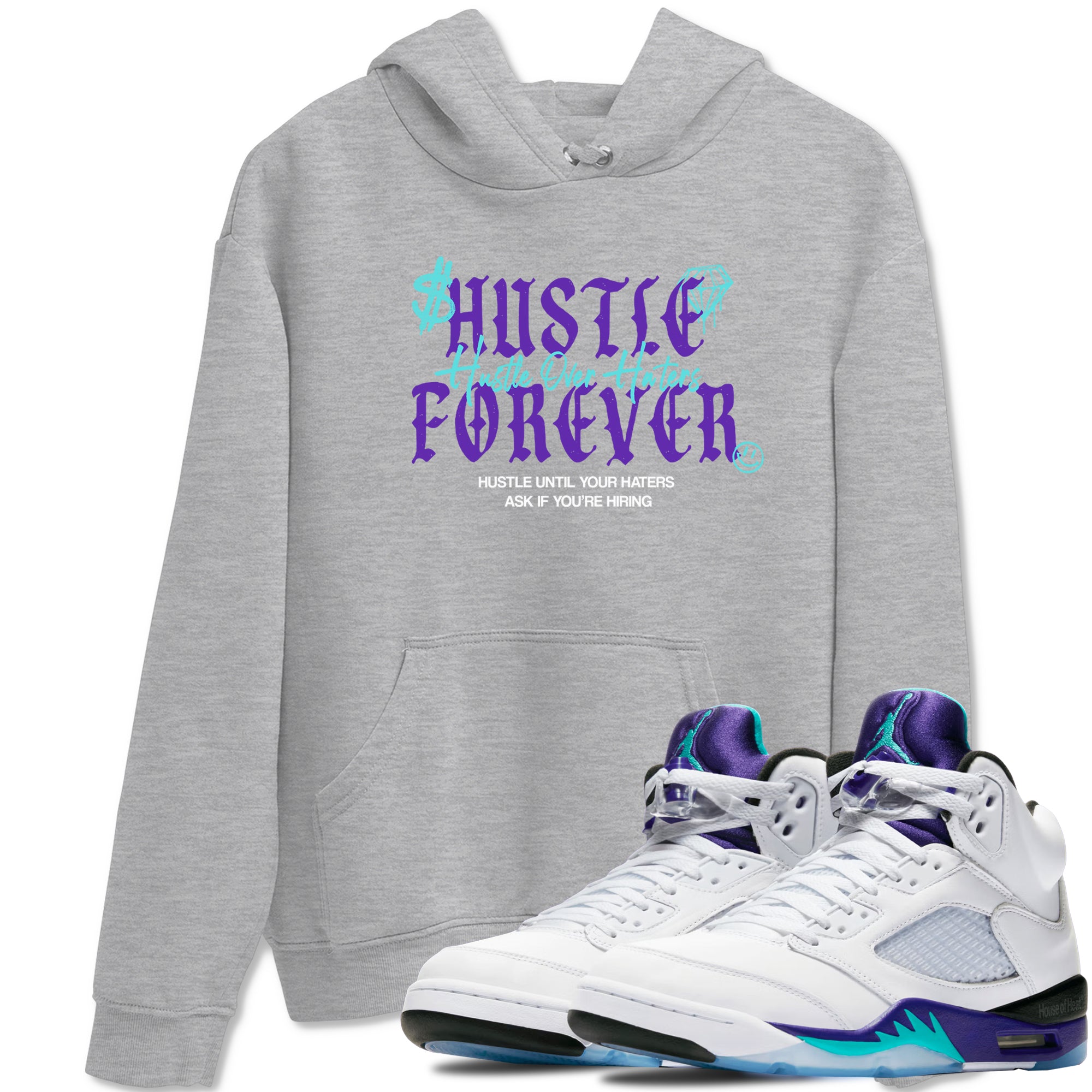 Hustle Over Haters sneaker match t-shirt styled to complete your fit with the Air Jordan 5 Grape sneakers, shown in Heather Grey 1.
