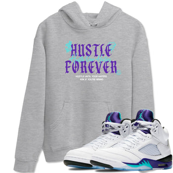 Hustle Over Haters sneaker match t-shirt styled to complete your fit with the Air Jordan 5 Grape sneakers, shown in Heather Grey 1.