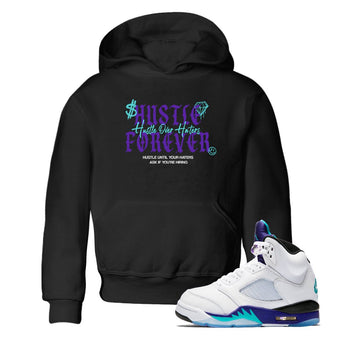 Hustle Over Haters baby and kids t-shirt crafted for little sneakerheads to shine with the Air Jordan 5 Grape sneakers, displayed in Black 1.