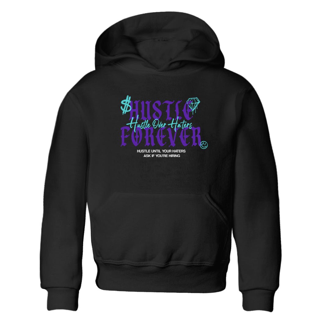 Hustle Over Haters baby and kids t-shirt crafted for little sneakerheads to shine with the Air Jordan 5 Grape sneakers, displayed in Black 2.