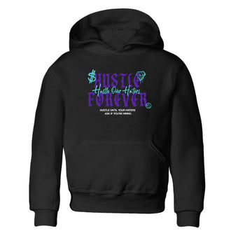 Hustle Over Haters baby and kids t-shirt crafted for little sneakerheads to shine with the Air Jordan 5 Grape sneakers, displayed in Black 2.