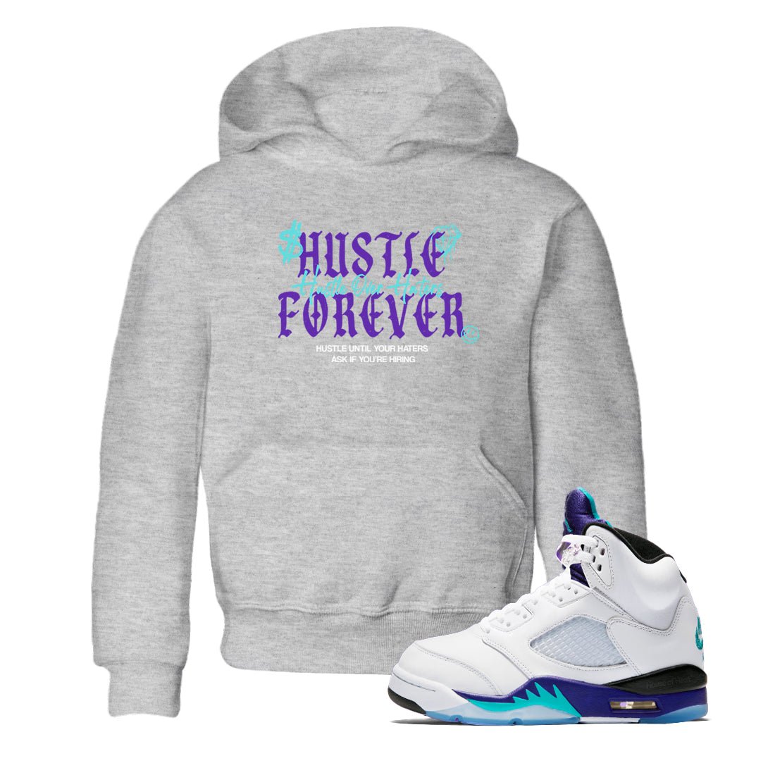 Hustle Over Haters baby and kids t-shirt crafted for little sneakerheads to shine with the Air Jordan 5 Grape sneakers, displayed in Heather Grey 1.