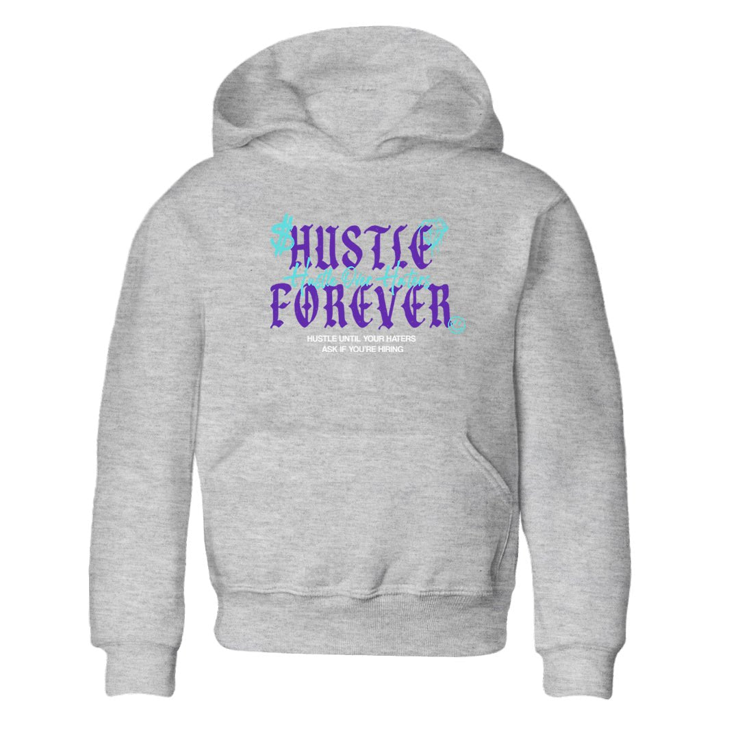 Hustle Over Haters baby and kids t-shirt crafted for little sneakerheads to shine with the Air Jordan 5 Grape sneakers, displayed in Heather Grey 2.