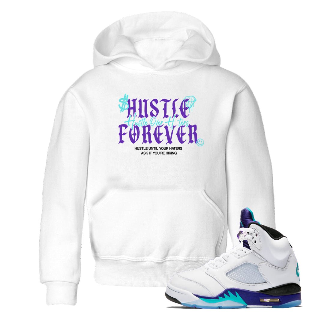 Hustle Over Haters baby and kids t-shirt crafted for little sneakerheads to shine with the Air Jordan 5 Grape sneakers, displayed in White 1.