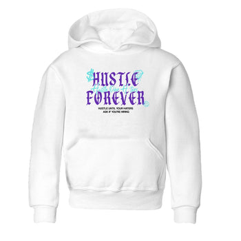 Hustle Over Haters baby and kids t-shirt crafted for little sneakerheads to shine with the Air Jordan 5 Grape sneakers, displayed in White 2.