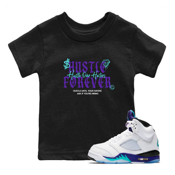 Hustle Over Haters baby and kids t-shirt crafted for little sneakerheads to shine with the Air Jordan 5 Grape sneakers, displayed in Black 1.