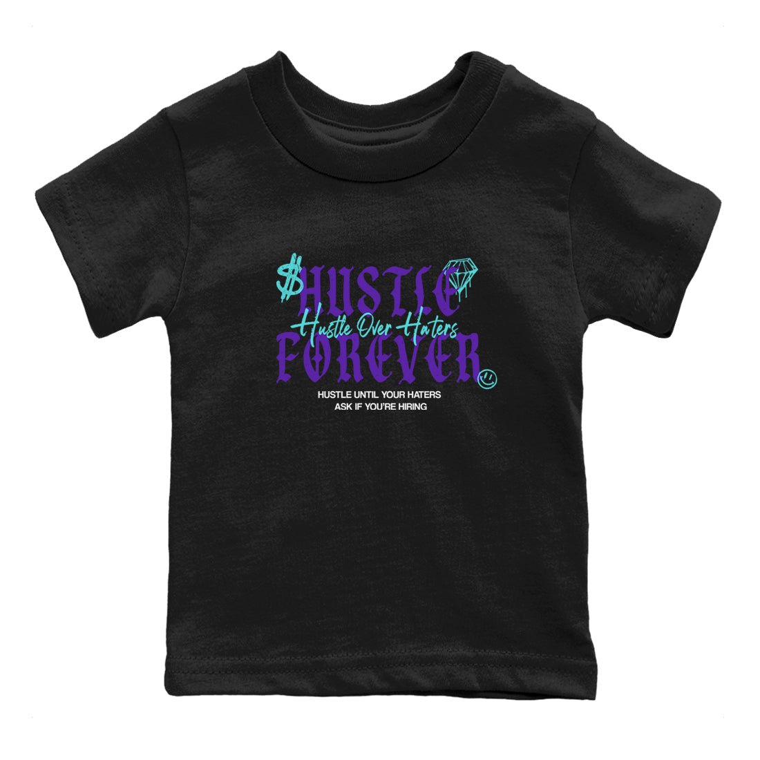 Hustle Over Haters baby and kids t-shirt crafted for little sneakerheads to shine with the Air Jordan 5 Grape sneakers, displayed in Black 2.