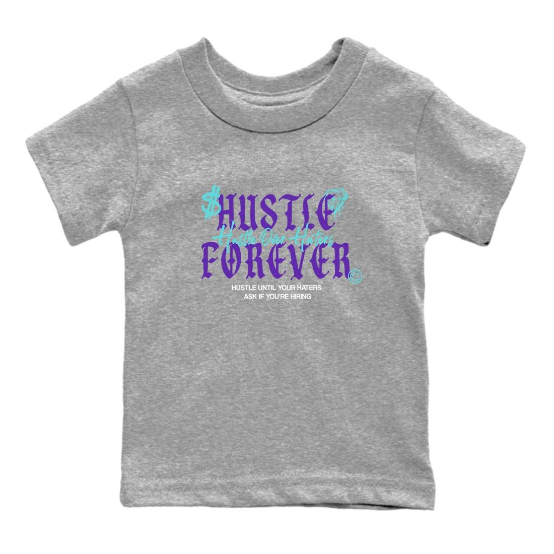 Hustle Over Haters baby and kids t-shirt crafted for little sneakerheads to shine with the Air Jordan 5 Grape sneakers, displayed in Heather Grey 2.
