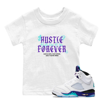 Hustle Over Haters baby and kids t-shirt crafted for little sneakerheads to shine with the Air Jordan 5 Grape sneakers, displayed in White 1.