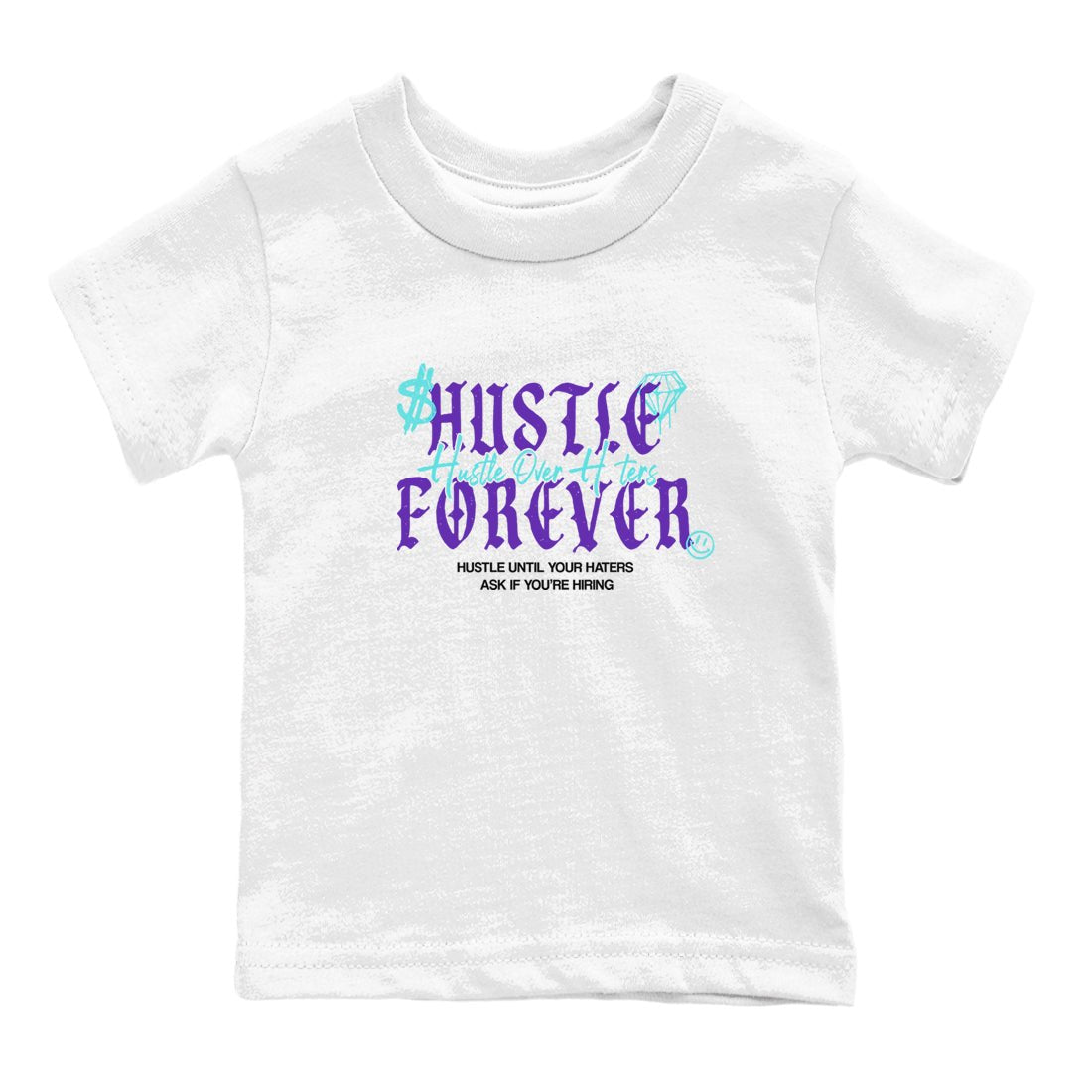 Hustle Over Haters baby and kids t-shirt crafted for little sneakerheads to shine with the Air Jordan 5 Grape sneakers, displayed in White 2.