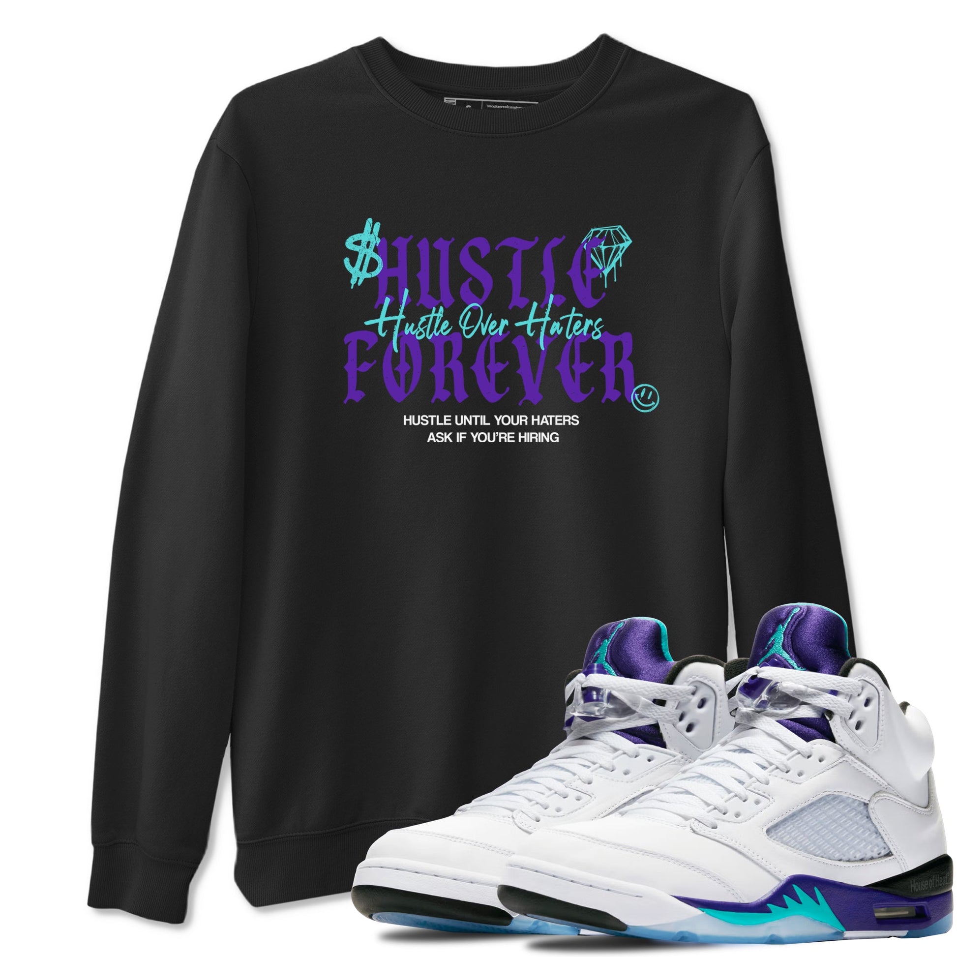 Hustle Over Haters sneaker match t-shirt styled to complete your fit with the Air Jordan 5 Grape sneakers, shown in Black 1.