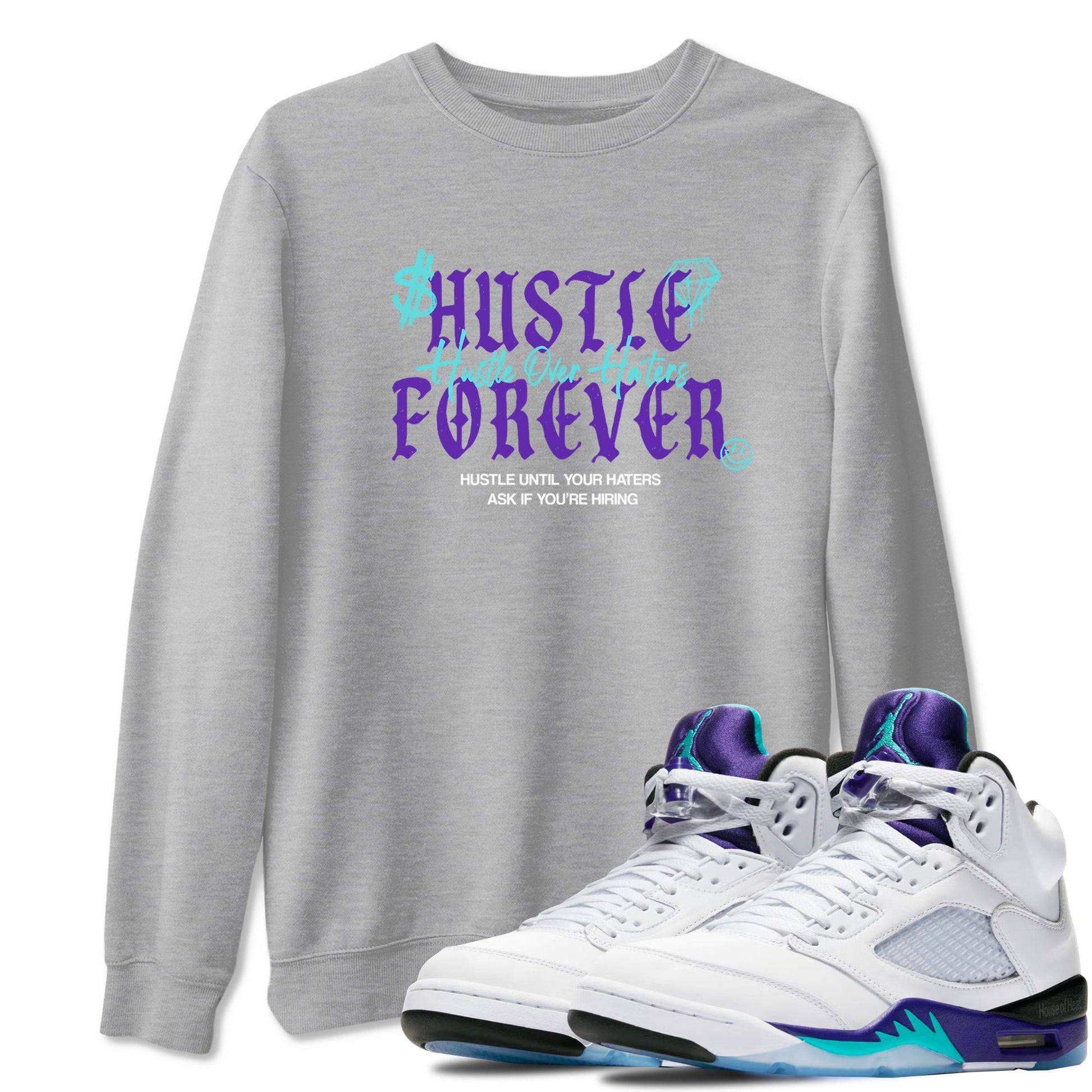 Hustle Over Haters sneaker match t-shirt styled to complete your fit with the Air Jordan 5 Grape sneakers, shown in Heather Grey 1.