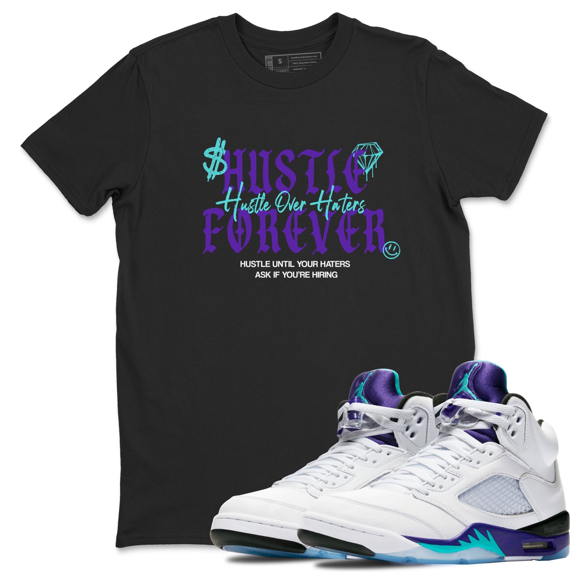 Hustle Over Haters sneaker match t-shirt styled to complete your fit with the Air Jordan 5 Grape sneakers, shown in Black 1.