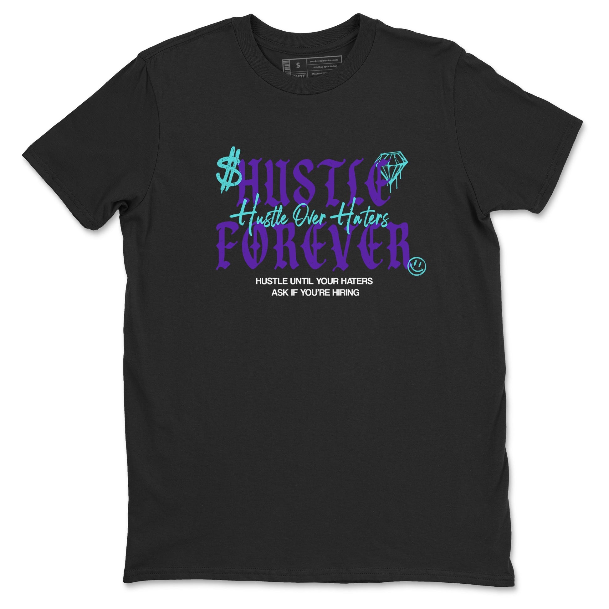 Hustle Over Haters sneaker match t-shirt styled to complete your fit with the Air Jordan 5 Grape sneakers, shown in Black 2.