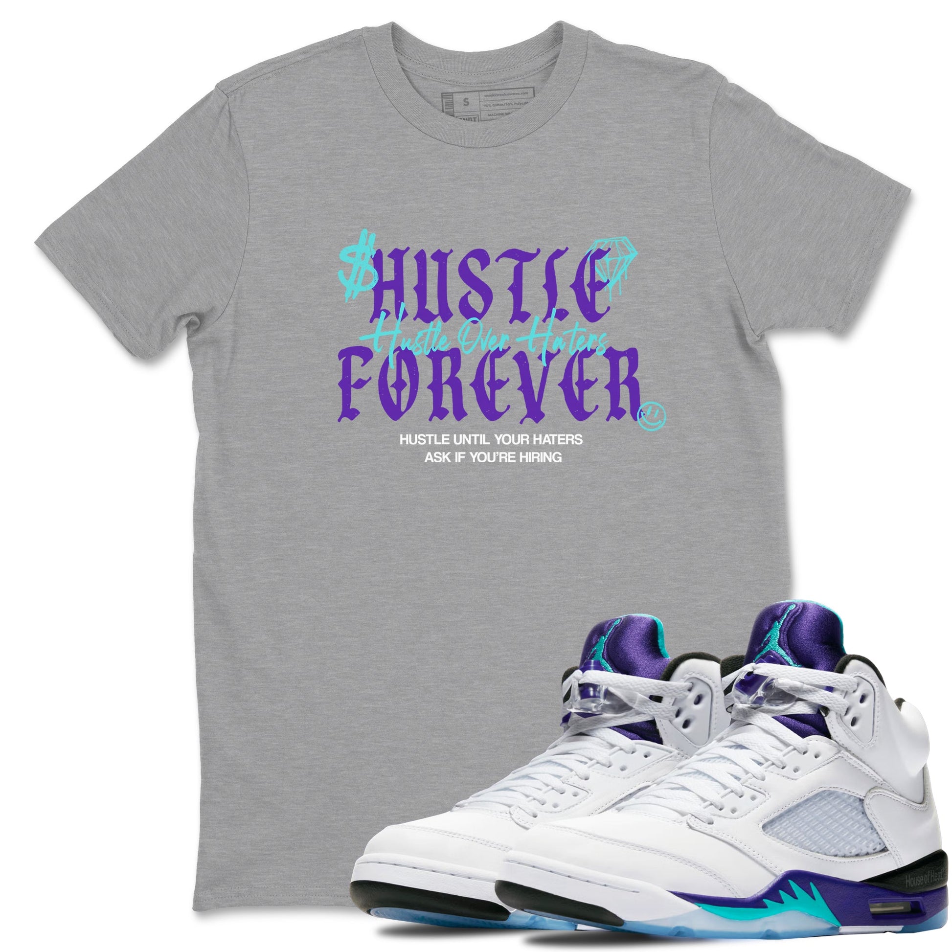 Hustle Over Haters sneaker match t-shirt styled to complete your fit with the Air Jordan 5 Grape sneakers, shown in Heather Grey 1.