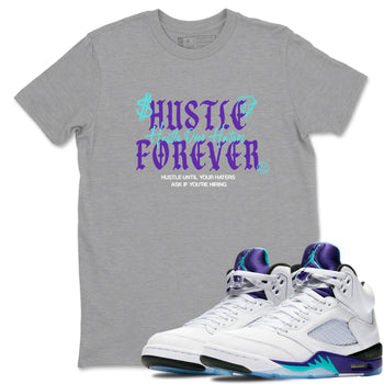 Hustle Over Haters sneaker match t-shirt styled to complete your fit with the Air Jordan 5 Grape sneakers, shown in Heather Grey 1.