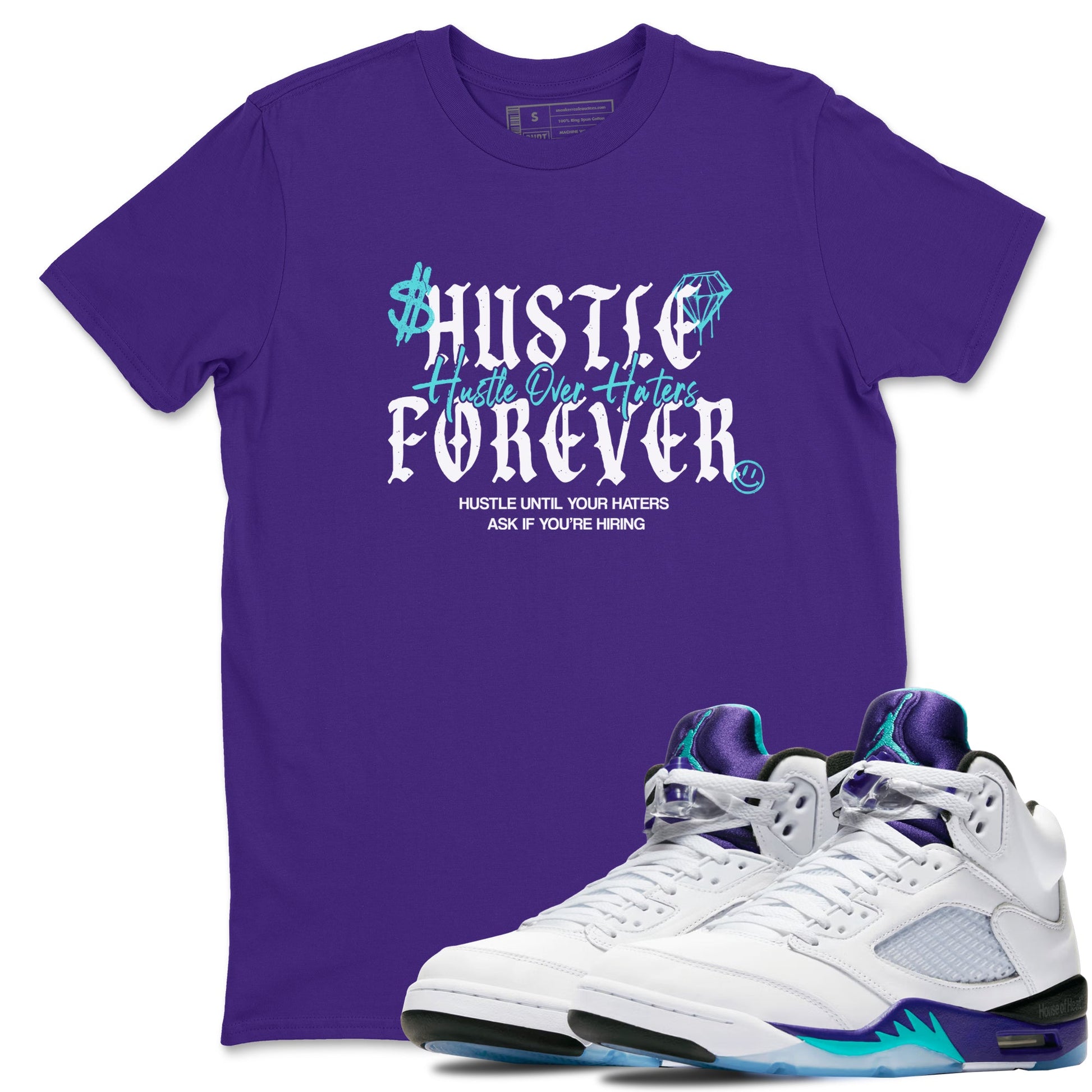 Hustle Over Haters sneaker match t-shirt styled to complete your fit with the Air Jordan 5 Grape sneakers, shown in Purple 1.