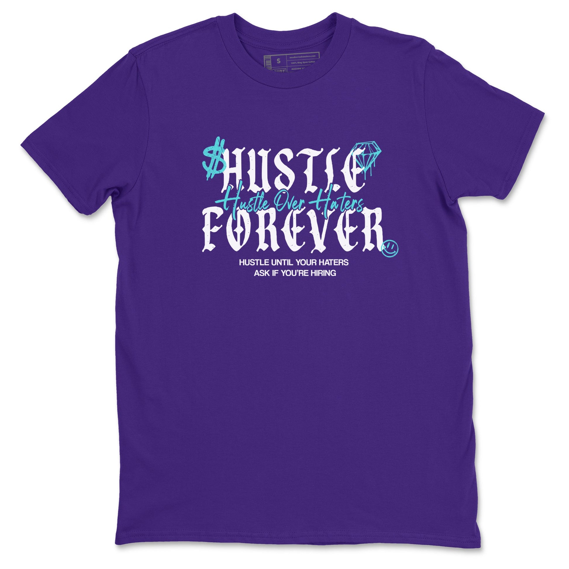 Hustle Over Haters sneaker match t-shirt styled to complete your fit with the Air Jordan 5 Grape sneakers, shown in Purple 2.