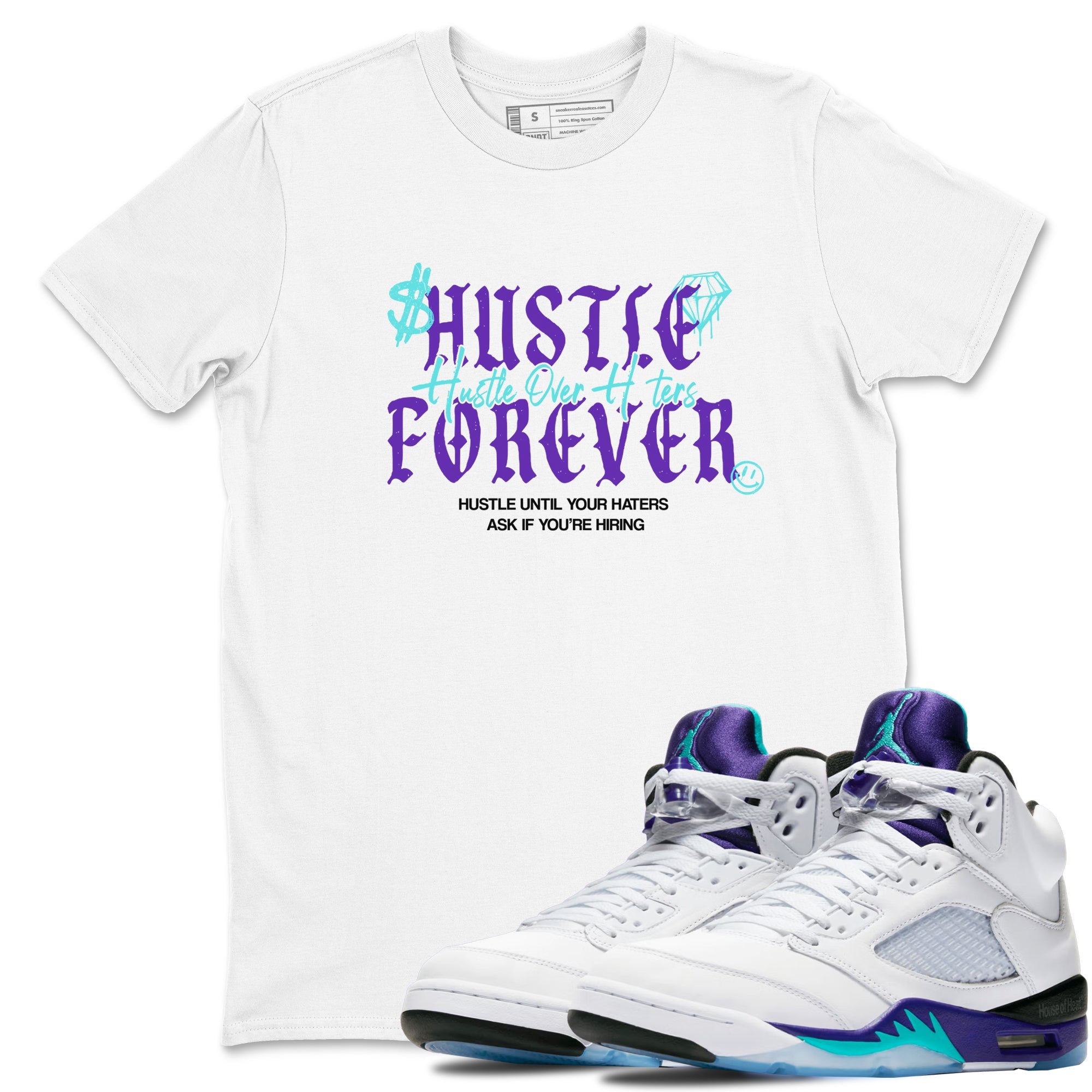 Hustle Over Haters sneaker match t-shirt styled to complete your fit with the Air Jordan 5 Grape sneakers, shown in White 1.