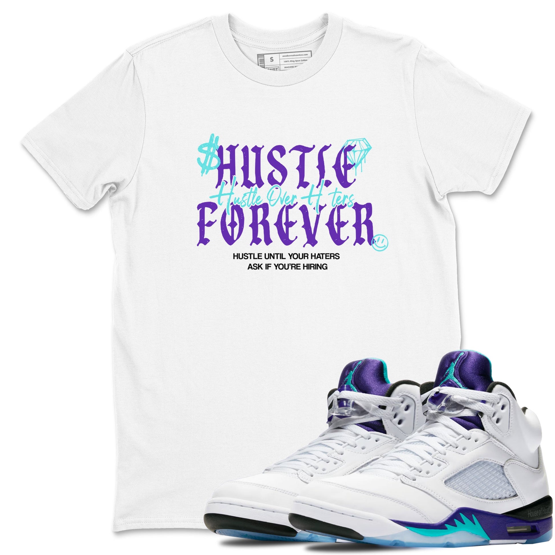 Hustle Over Haters sneaker match t-shirt styled to complete your fit with the Air Jordan 5 Grape sneakers, shown in White 1.