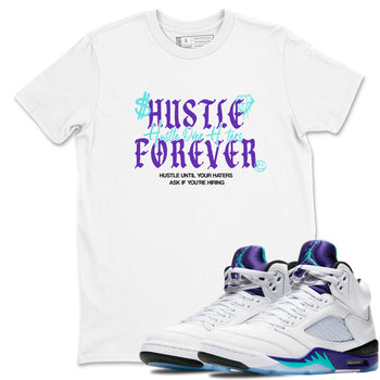 Hustle Over Haters sneaker match t-shirt styled to complete your fit with the Air Jordan 5 Grape sneakers, shown in White 1.