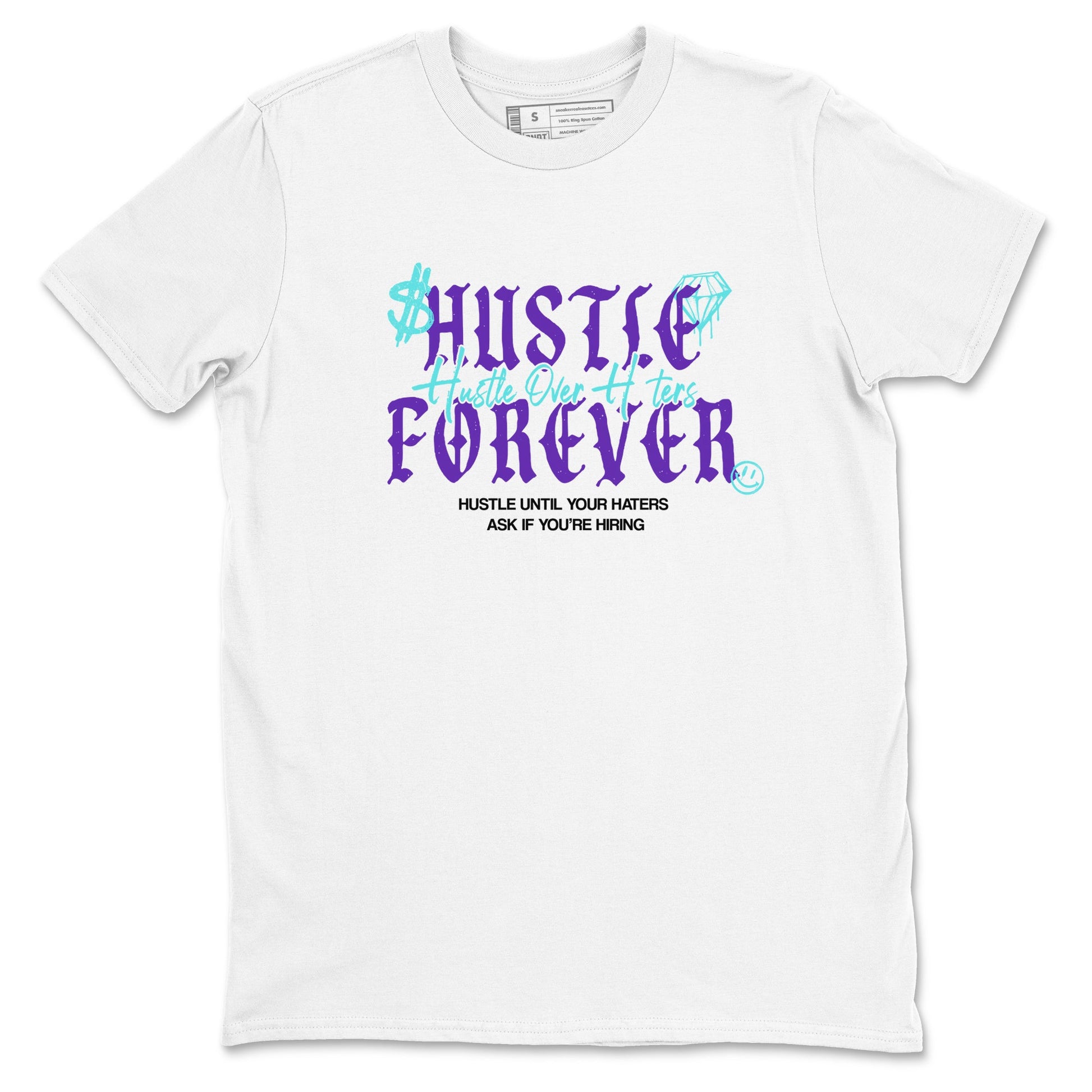 Hustle Over Haters sneaker match t-shirt styled to complete your fit with the Air Jordan 5 Grape sneakers, shown in White 2.
