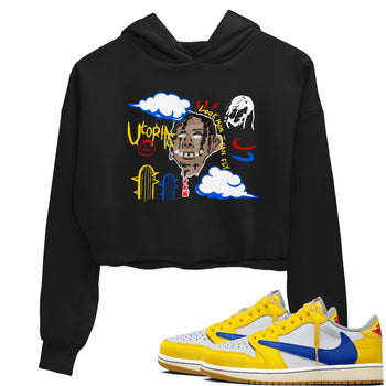 1s Travis Scott Canary shirts to match jordans I Can Fly t shirts to match sneakers Air Jordan 1 Retro Low OG SP Travis Scott Canary match shoes to clothes SNRT Sneaker Tees unisex cotton Black 1 crop tee