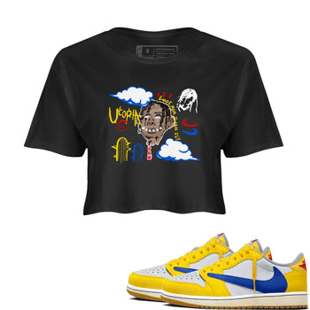 1s Travis Scott Canary shirts to match jordans I Can Fly t shirts to match sneakers Air Jordan 1 Retro Low OG SP Travis Scott Canary match shoes to clothes SNRT Sneaker Tees unisex cotton Black 1 crop tee