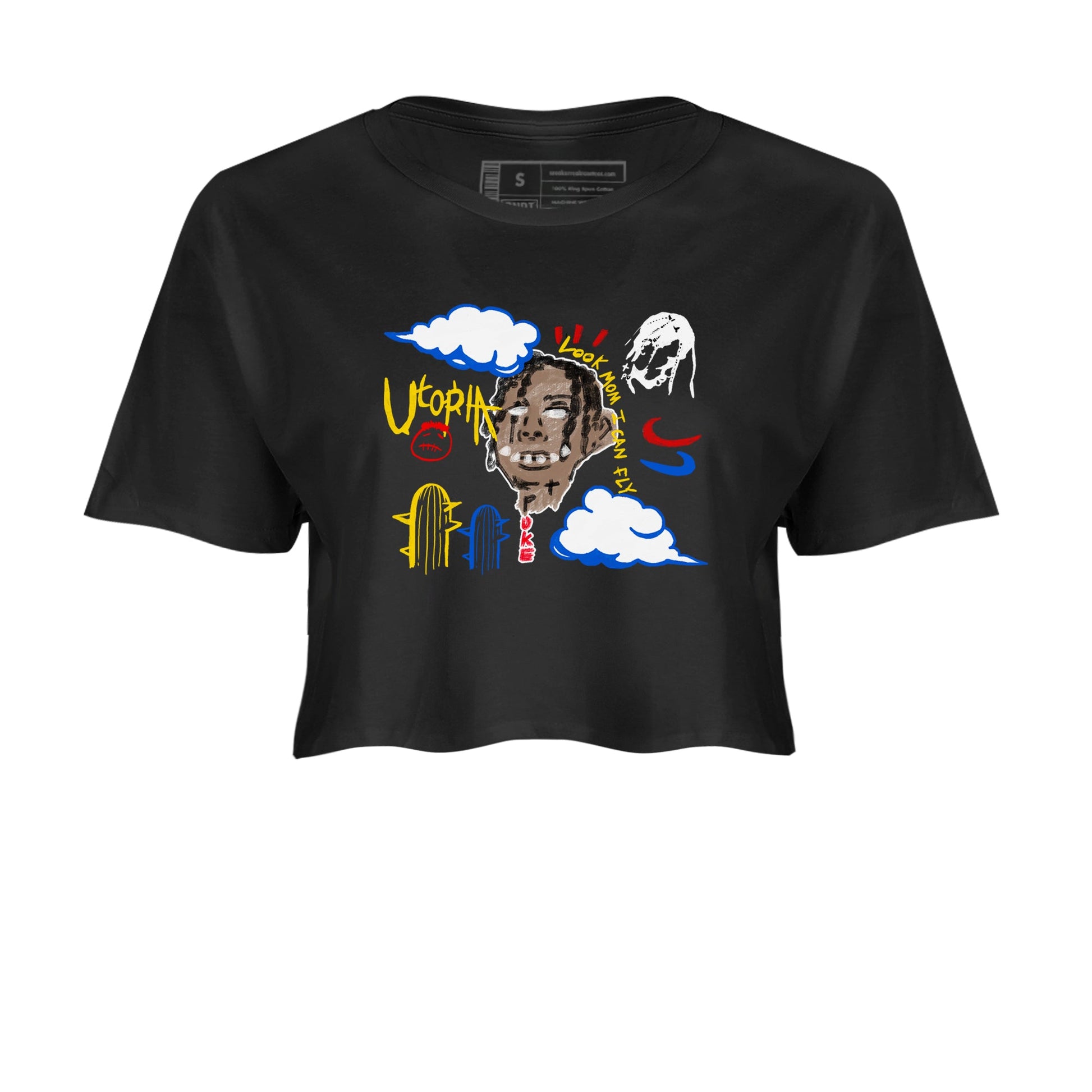 1s Travis Scott Canary shirts to match jordans I Can Fly t shirts to match sneakers Air Jordan 1 Retro Low OG SP Travis Scott Canary match shoes to clothes SNRT Sneaker Tees unisex cotton Black 2 crop tee