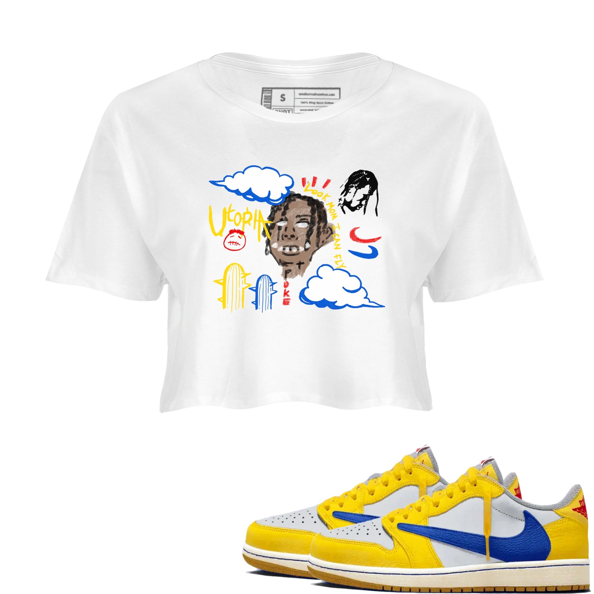 1s Travis Scott Canary shirts to match jordans I Can Fly t shirts to match sneakers Air Jordan 1 Retro Low OG SP Travis Scott Canary match shoes to clothes SNRT Sneaker Tees unisex cotton White 1 crop tee