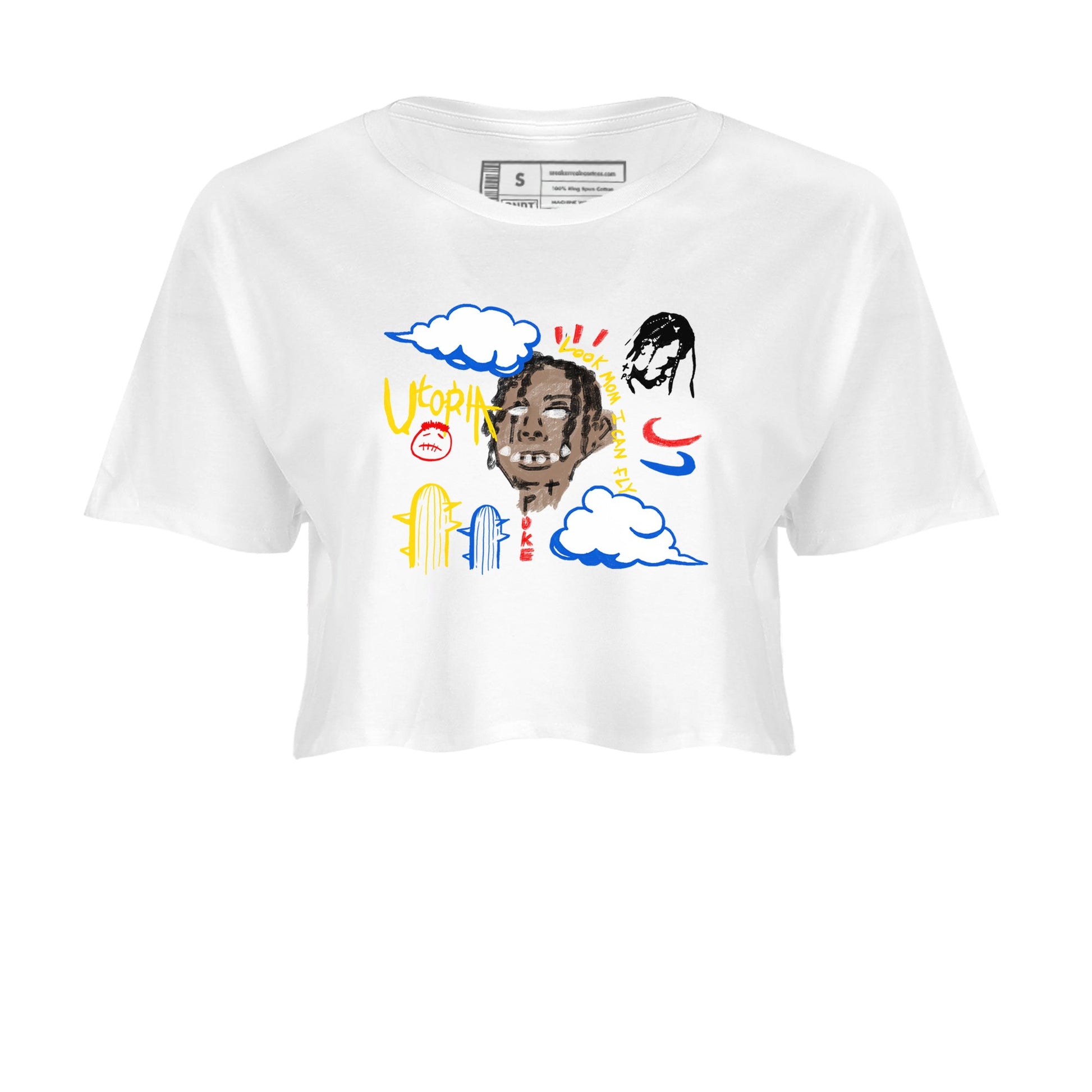 1s Travis Scott Canary shirts to match jordans I Can Fly t shirts to match sneakers Air Jordan 1 Retro Low OG SP Travis Scott Canary match shoes to clothes SNRT Sneaker Tees unisex cotton White 2 crop tee