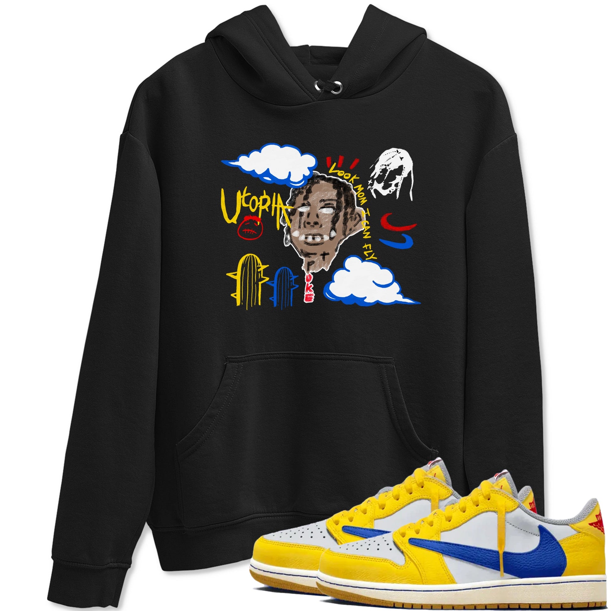 1s Travis Scott Canary shirts to match jordans I Can Fly t shirts to match sneakers Air Jordan 1 Retro Low OG SP Travis Scott Canary match shoes to clothes SNRT Sneaker Tees unisex cotton Black 1 shirts