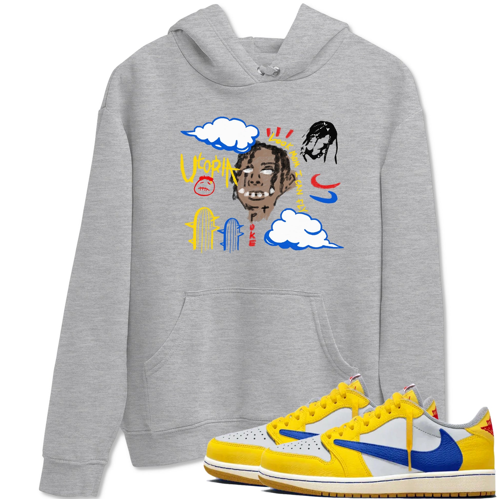 1s Travis Scott Canary shirts to match jordans I Can Fly t shirts to match sneakers Air Jordan 1 Retro Low OG SP Travis Scott Canary match shoes to clothes SNRT Sneaker Tees unisex cotton Heather Grey 1 shirts