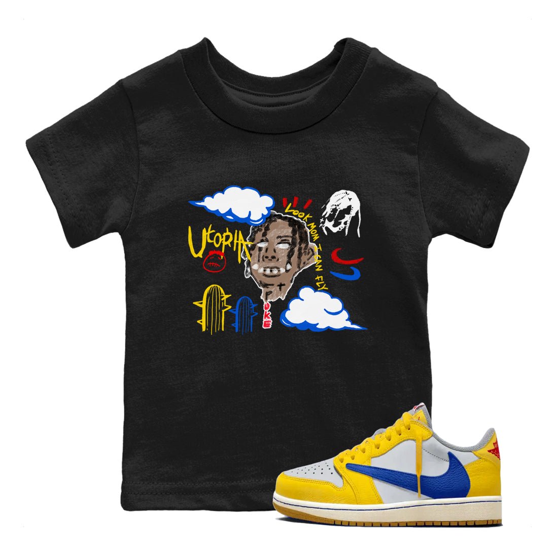 1s Travis Scott Canary shirts to match jordans I Can Fly t shirts to match sneakers Air Jordan 1 Retro Low OG SP Travis Scott Canary match shoes to clothes SNRT Sneaker Tees Youth Baby Black 1 tee